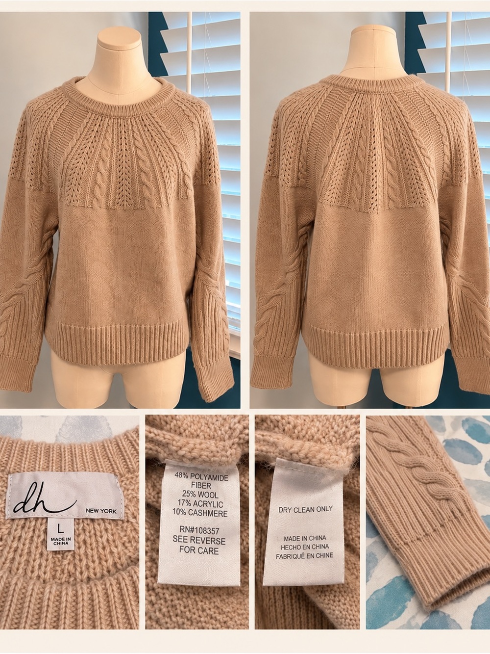 dh NEW YORK Tan Cable Crewneck Sweater